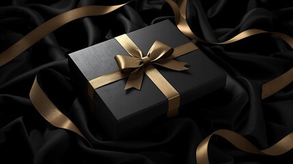 The most elegant gift box, matte black surface with a shiny golden ribbon, placed on a luxurious black and gold background, cinematic lighting, high detail
