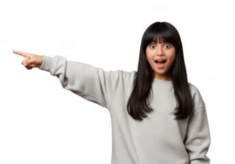 Young asian woman wearing sweatshirt pointing left with surprised expression on black transparent background