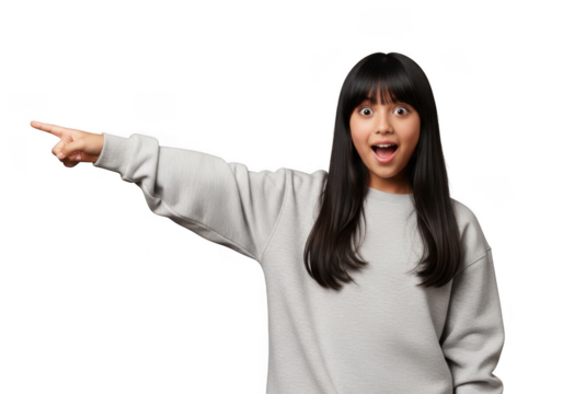 Young asian woman wearing sweatshirt pointing left with surprised expression on black transparent background
