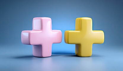 Fototapeta premium Two vibrant plus symbols, in a light pink and a sunny yellow hue, stand out against a cool, muted background.