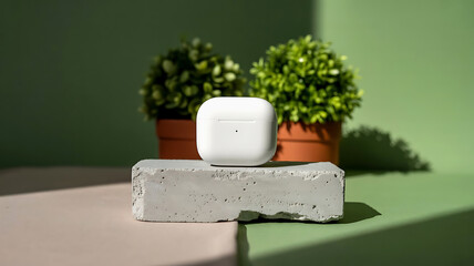 Minimalist white portable device resting on a textured concrete block with lush green plants in the background under bright sunlight