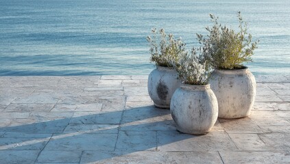 Three weathered white pots with small flowers by the ocean