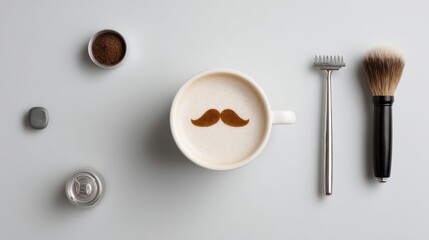 Whimsical coffee with a mustache design and grooming tools on a light background at a stylish cafe setting