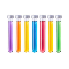 Colorful Test Tubes Filled with Fluids in Rainbow Shades on a White Background for Scientific or Educational Themes