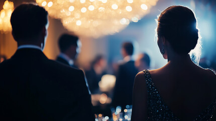 Elegant black tie event with guests in formal dresses and tuxedos, high society lifestyle, photo with copy space.