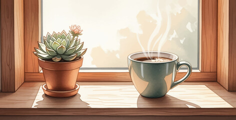 A tranquil scene of a steaming cup of coffee and a succulent plant in a terracotta pot, resting on a sunlit window sill