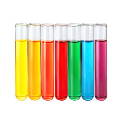 Colorful Test Tubes with Bright Liquids in Yellow, Orange, Red, Green, Blue, and Purple Arrangement on White Background