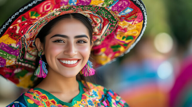 Happy portrait of young mexican woman wearing sombrero and colorful embroidered traditional dress, beaming smile, cultural celebration of Cinco de Mayo. - Powered by Adobe
