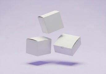 Obraz premium Blank white cardboard boxes levitate against a light purple background modern minimalist design