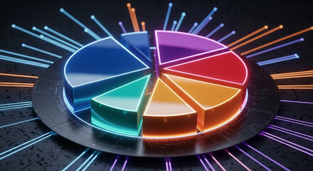 Neon-lit pie chart segments on dark platform, radiating light streaks, showcasing data visualization, business analysis, or technology concept