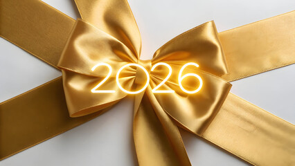 Glowing golden ribbon bow with neon 2026 numbers on full hd 4k stock image download white background