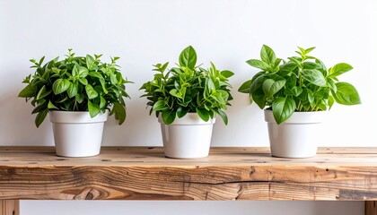 Fototapeta premium Three potted basil plants in white containers on rustic wooden surface against white wall in soft natural light