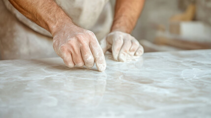 Hands of a craftsman working with marble, shaping and polishing the smooth stone surface with care and skill