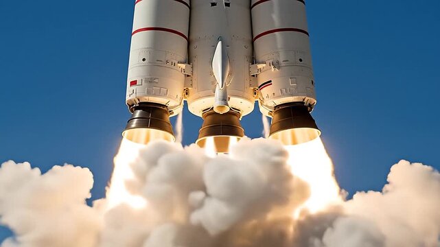 High-Resolution Rocket Launch with Bright Exhaust Flames Emitting from Boosters Against a Clear Blue Sky, Symbolizing Space Exploration, Innovation, and Advanced Technology for Business and