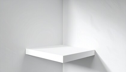 Triangular corner shelves in minimalist room with wood and white finishes, geometric shadows, and soft ambient lighting