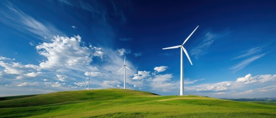 Wind Turbine Energy: A high-angle perspective reveals the beauty and majesty of a towering wind turbine set against a backdrop of rolling hills and a vibrant blue sky flecked with clouds.