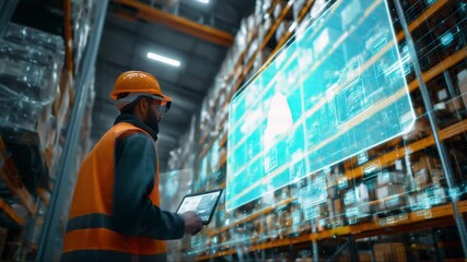 Warehouse worker using tablet and analyzing data on big hologram screen - Powered by Adobe