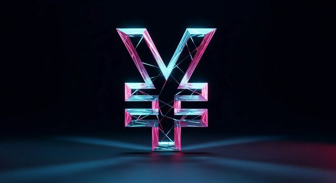 Neon-lit yen symbol, geometric design, dark background, showcasing financial concept, ideal for digital assets or currency-related projects