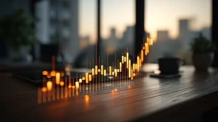 A glowing financial graph overlaid on a wooden surface, with a city skyline in the background, suggesting business growth and investment trends.