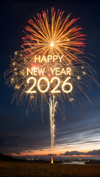Golden fireworks burst with happy new year 2026 text against twilight sky full hd 4k stock image download 1