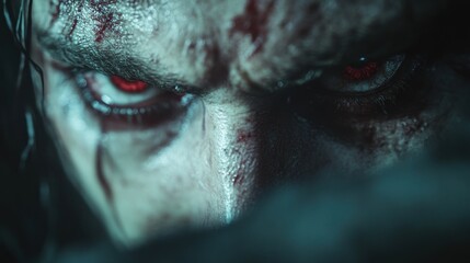 Intense gaze of menacing figure with glowing red eyes and bloody marks