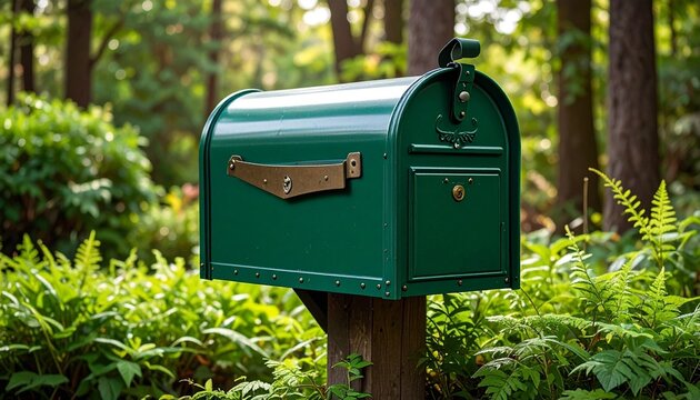 Green metal mailbox on wooden post surrounded by ferns and trees in sunlit forest setting with natural ambiance