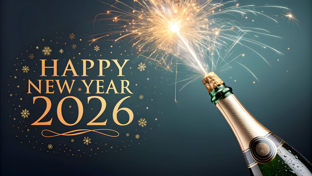 Sparkling champagne bottle with golden happy new year 2026 text and snowflakes full hd 4k stock image download - Powered by Adobe