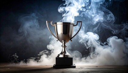 Silver trophy with handles on black base surrounded by swirling smoke on dark surface with dramatic lighting