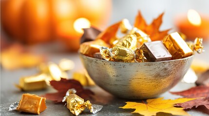 Vintage candy bowl filled with golden-wrapped chocolates, surrounded by autumn leaves and soft orange candlelight.