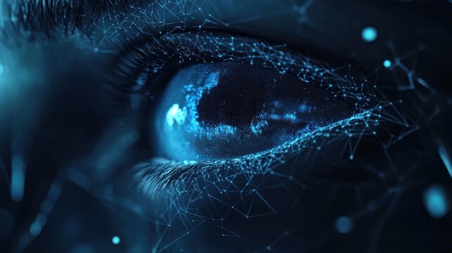 Close-up of a futuristic eye with digital network connections.