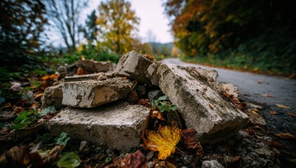 Pile of broken concrete blocks on roadside