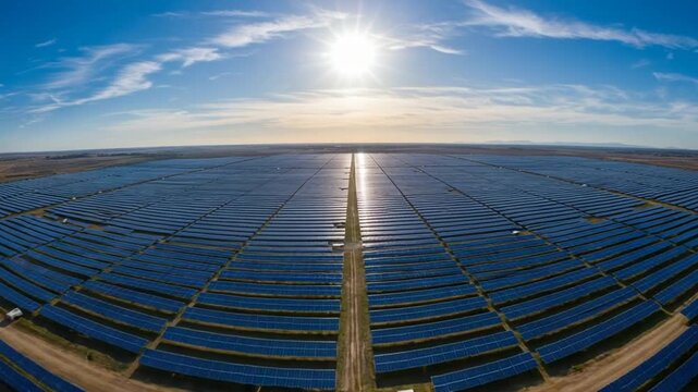 Expansive solar farm under bright blue sky