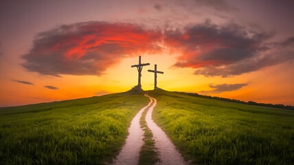 Three christian crosses on hill with dramatic sunset sky religious faith symbolism