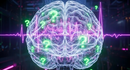 Analyzing brainwave patterns and question marks for medical research or science concept background