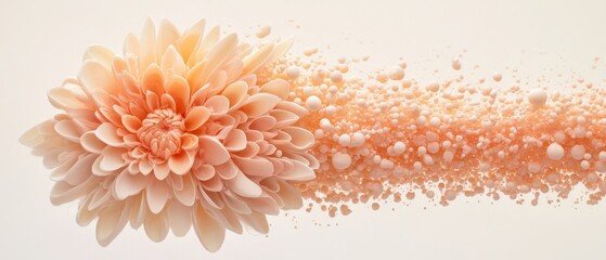 Peachy flower dissolving into many small spheres and particles against a soft neutral background, a transformation.