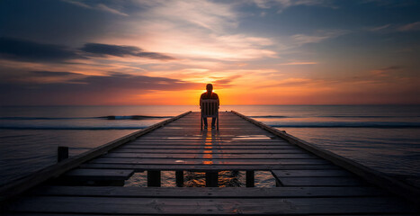 Man Sitting Alone Facing the Sea at Sunset, Solitude and Reflection with Empty Chairs