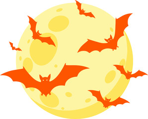 A swarm of spooky orange bats flying across a large, bright yellow full moon on a dark Halloween night.