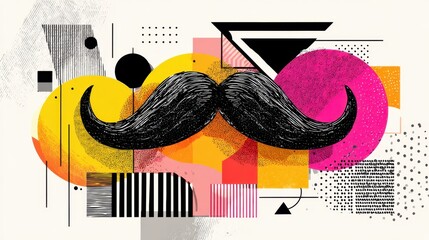 Colorful geometric background with a bold mustache illustration creating a playful design suitable for art applications and events
