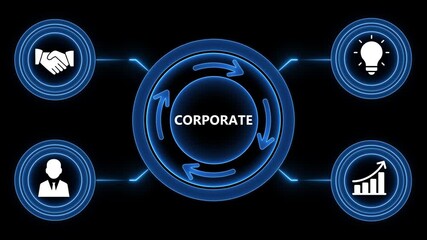 Corporate business cycle diagram with neon blue digital icons and animated arrows - Powered by Adobe