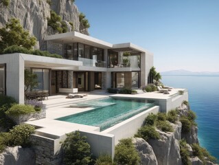 Fototapeta premium A large house with a pool and a view of the ocean. The house is on a cliff