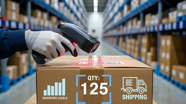 Warehouse worker scanning package with barcode and digital data overlay for shipping and inventory management
