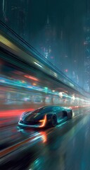 Futuristic car speeding through a vibrant city at night