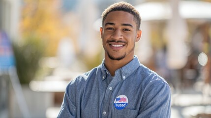 Naklejka premium Young man proudly displaying Voted! sticker outdoors after participating in civic duty during election season