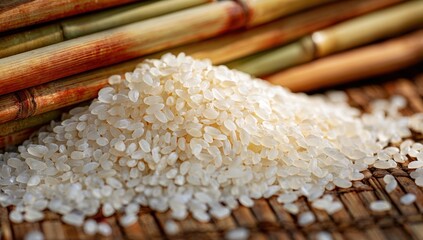 White rice pile on a woven mat, with bamboo background