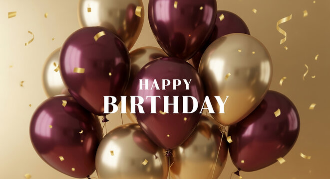 Glossy maroon and gold balloons, confetti, "Happy Birthday" text, festive celebration image, symbolizes joy and festivity, perfect for birthday greeting card