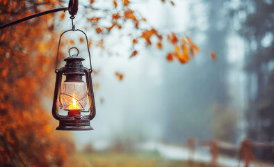 Lantern glowing softly in a foggy autumn forest setting with vibrant orange leaves