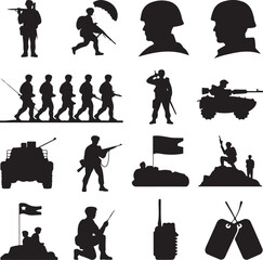 Silhouette collection of soldiers and military vehicles in action poses army