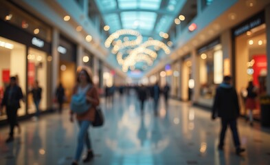 Fototapeta premium A vibrant indoor shopping center filled with people browsing and walking. Bright lights illuminate the modern architecture and store displays.