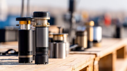 Close-up of various precision instruments on a wooden table, showcasing their design and functionality outdoors