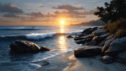 Obraz premium A serene coastal scene showing the sun halfway above the ocean line at dawn, with golden beams breaking through light mist over the water.